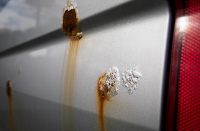 Several rust spots in the surface of a car. The car paint is gray, but the rust spots are a reddish orange color.