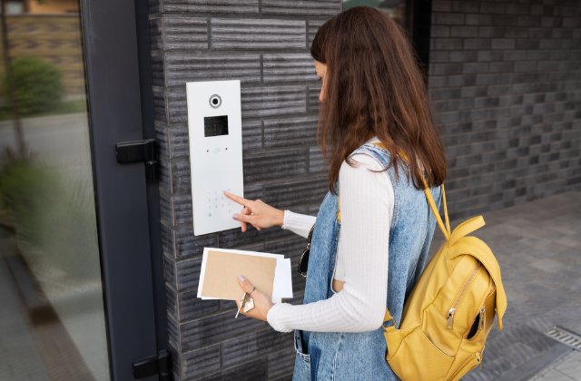 Woman with a yellow backpack enters a security code on a building keypad while holding an envelope and keys.