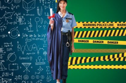 A woman wearing a police uniform and graduation gown holding a diploma between math drawings and warning tape.