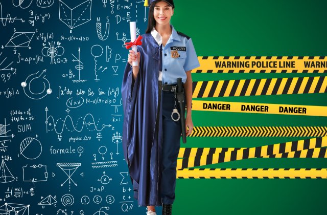 A woman wearing a police uniform and graduation gown holding a diploma between math drawings and warning tape.